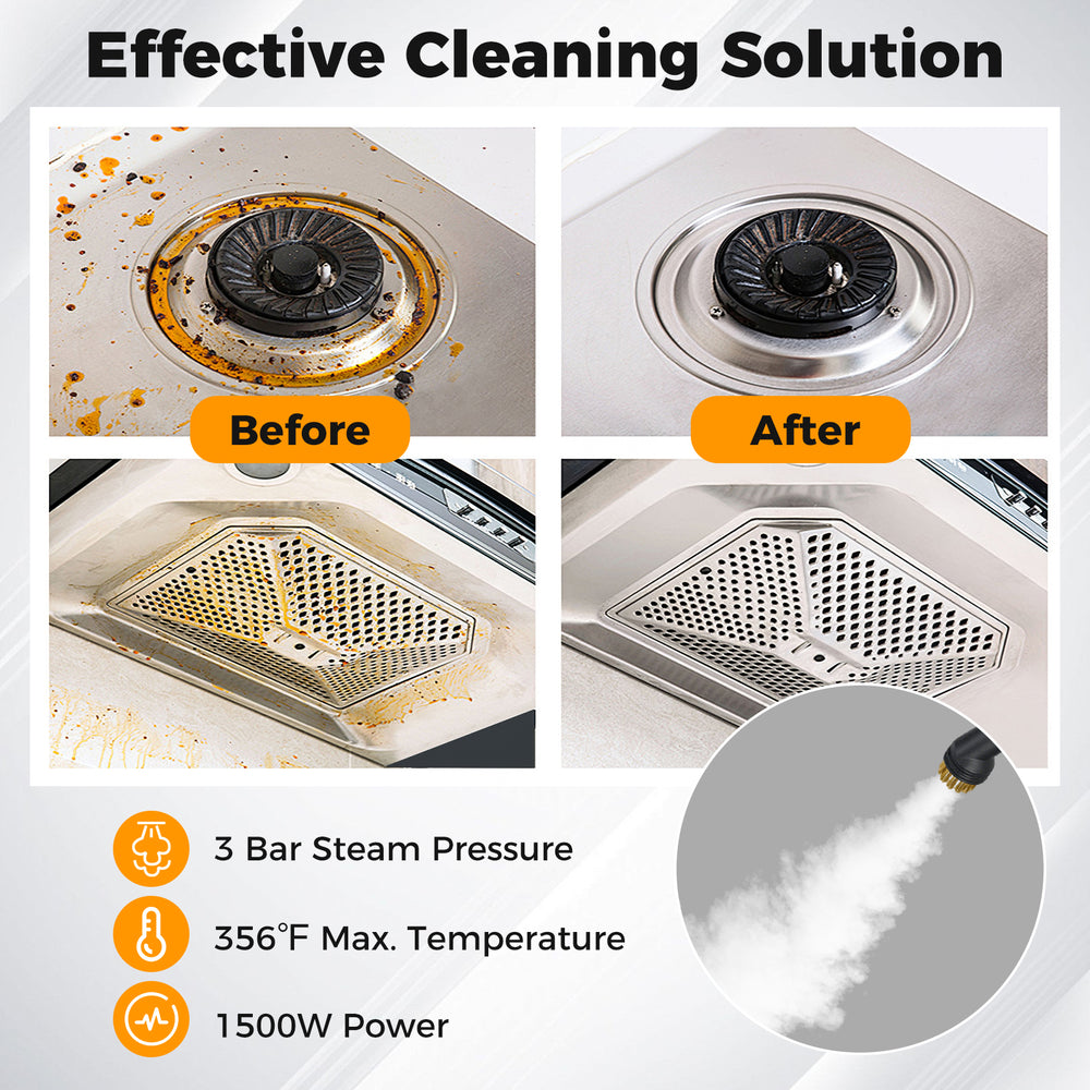 Before and after comparison of the 1500W portable steam cleaner, showcasing effective dirt removal on surfaces.