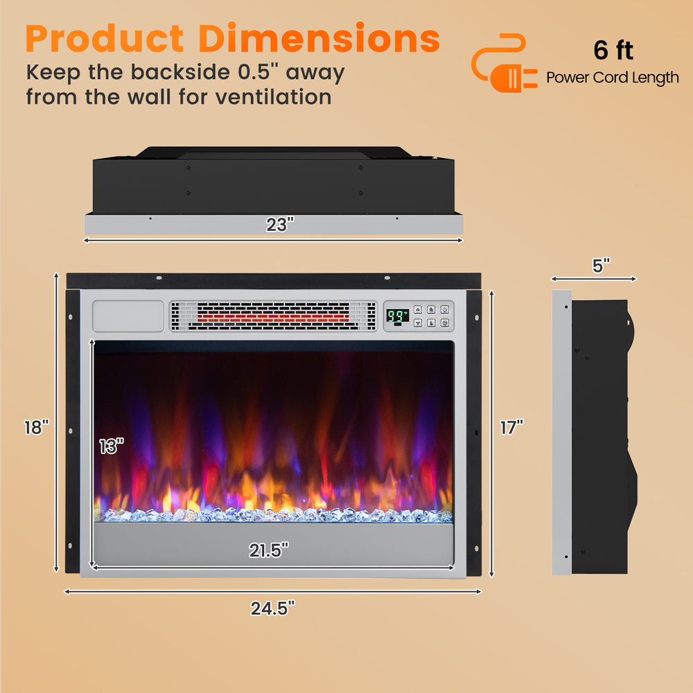 Dimensions of the 23 Inch 1500W Recessed Electric Fireplace Insert for effective heating and easy installation.