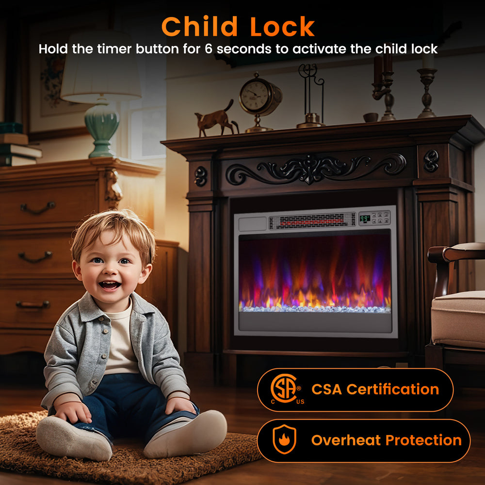 23-inch recessed electric fireplace insert with remote control, featuring vibrant flame settings and child lock for.
