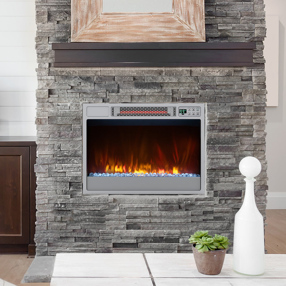 Recessed 23-inch electric fireplace insert in silver with remote control, featuring adjustable flame settings and.