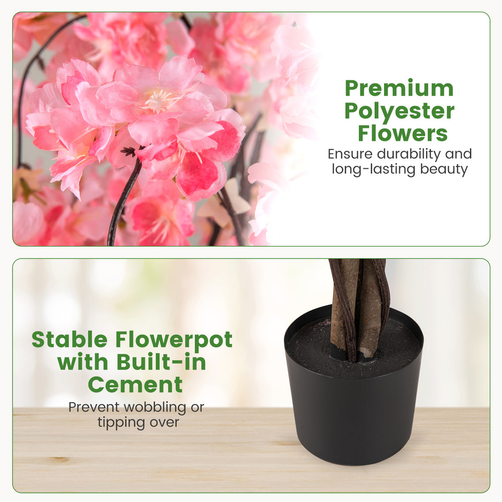 5.5 FT tall artificial cherry blossom tree with pink flowers in a stable flowerpot, perfect for home or office decor.