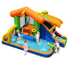 Colorful 8-in-1 jumping castle with slide, water cannon, and climbing wall for wet and dry fun in summer.