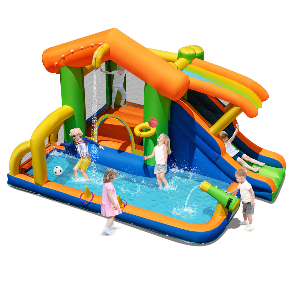 Colorful 8-in-1 jumping castle with slide, water cannon, and climbing wall for wet and dry fun in summer.
