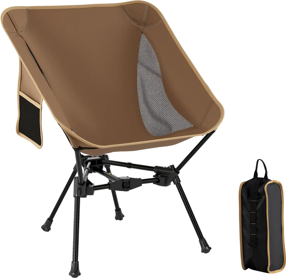 Portable camping chair in coffee color with mesh fabric, lightweight aluminum frame, and compact carrying bag for easy.