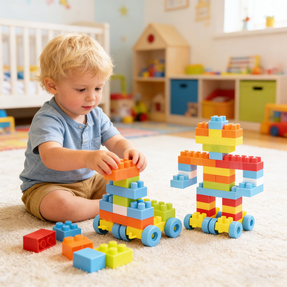 Colorful 150 pcs toddler building blocks set with wheels, promoting STEM learning and creativity for kids aged 3+.