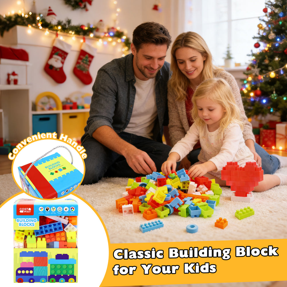Colorful 150 pcs toddler building blocks set for STEM learning, featuring safe materials and wheel packs for vehicle.
