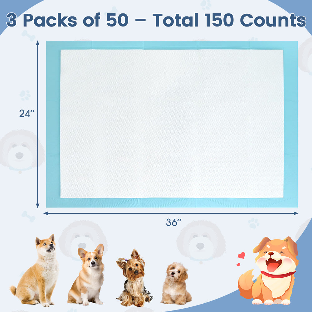 24 x 36 inch pet wee pee pads in a pack of 150, designed for house training and floor protection.
