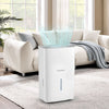 150 pints dehumidifier in white with LED display, placed in a living room for effective humidity control.