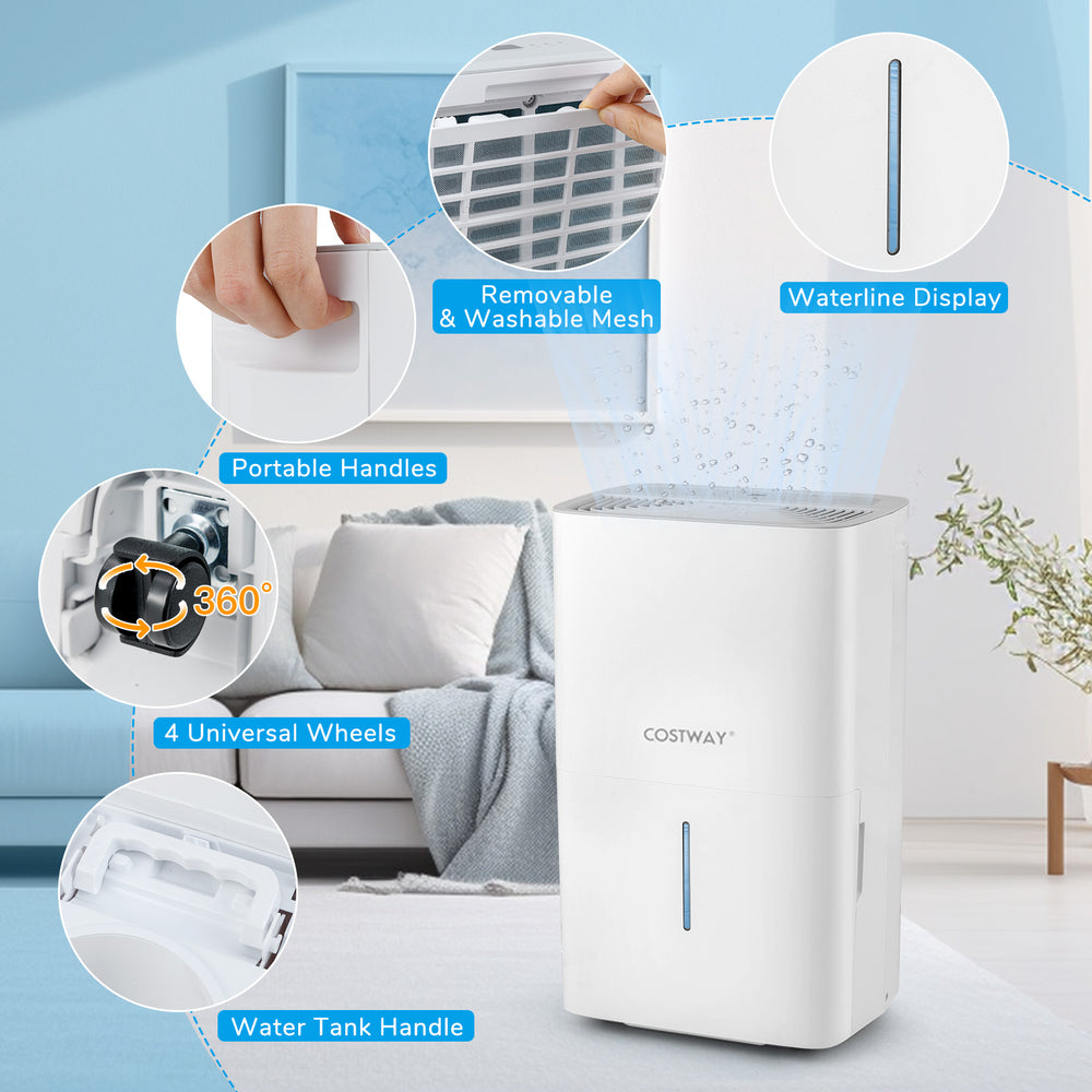 150 pints dehumidifier with LED display, portable handles, and 4 wheels for easy mobility in white finish.