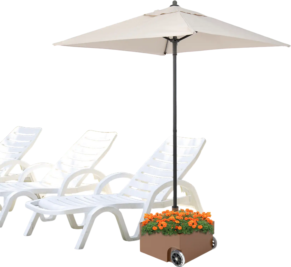 Patio umbrella base stand with planter feature, 150 lbs capacity, wheels for easy movement, ideal for outdoor use.