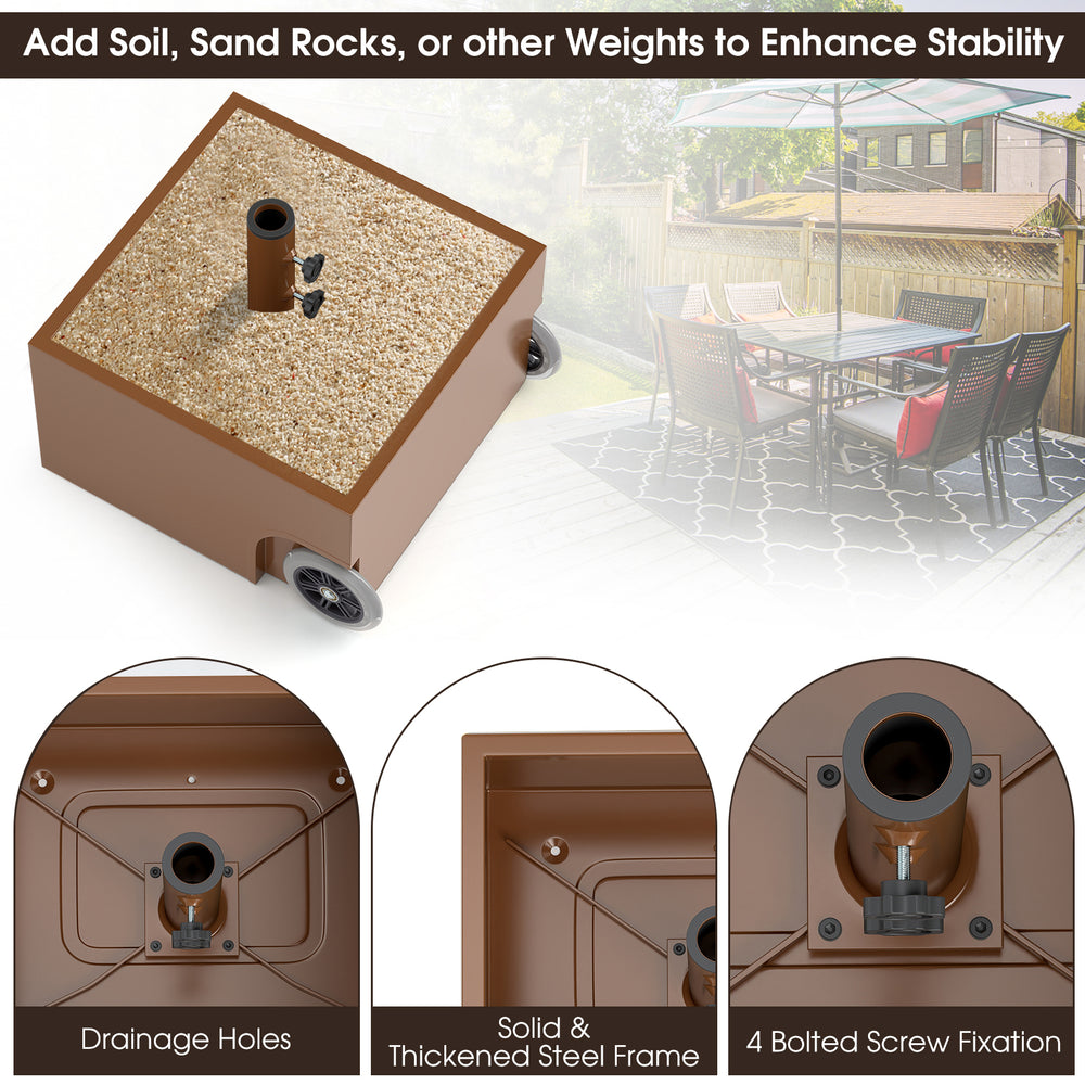Patio umbrella base stand with wheels, 150 lbs capacity, featuring drainage holes and sturdy powder-coated steel frame.
