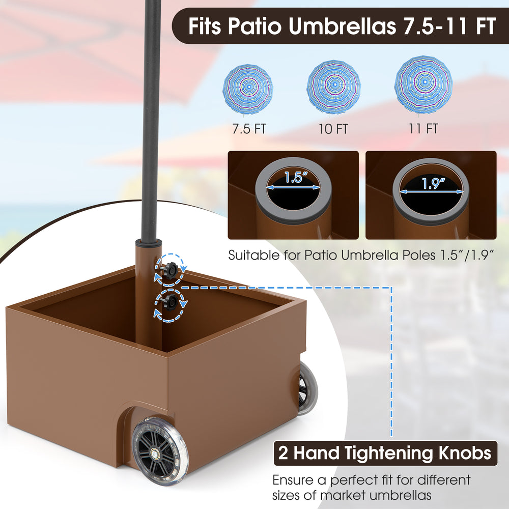 Patio umbrella base stand with wheels, 150 lbs capacity, fits 1.5"-1.9" poles, ideal for 7.5 ft-11 ft umbrellas.