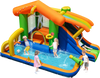 Colorful 8-in-1 jumping castle with slide and pool, featuring climbing wall, water cannon, and safety mesh for kids'.