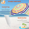 Colorful 6.5 feet beach umbrella with vented top and sand anchor for stability, offering UPF50+ sun protection.