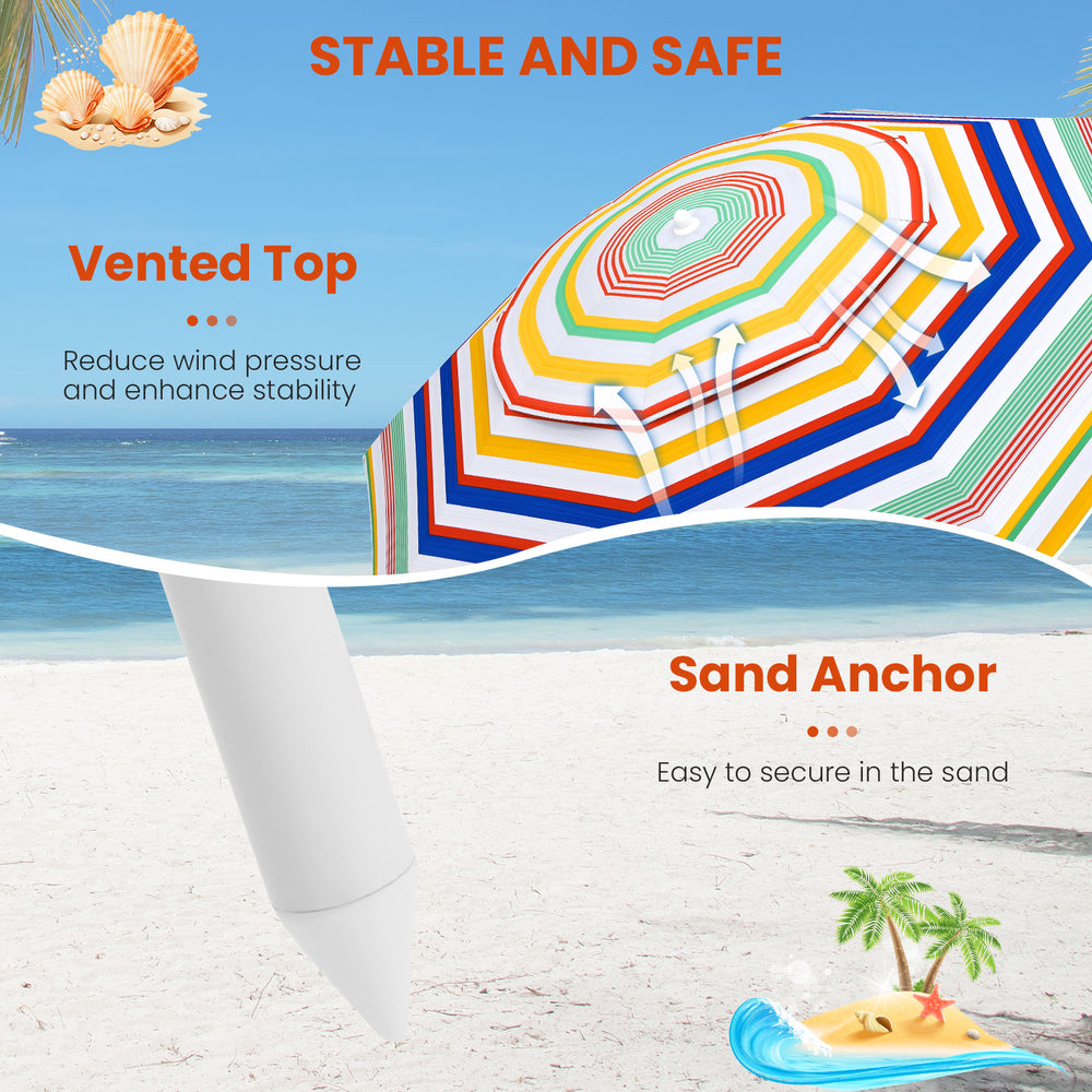 Colorful 6.5 feet beach umbrella with vented top and sand anchor for stability, offering UPF50+ sun protection.