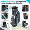 Golf cart bag in gray with 14-way top dividers, 6 zippered pockets, and adjustable shoulder strap for easy carrying.