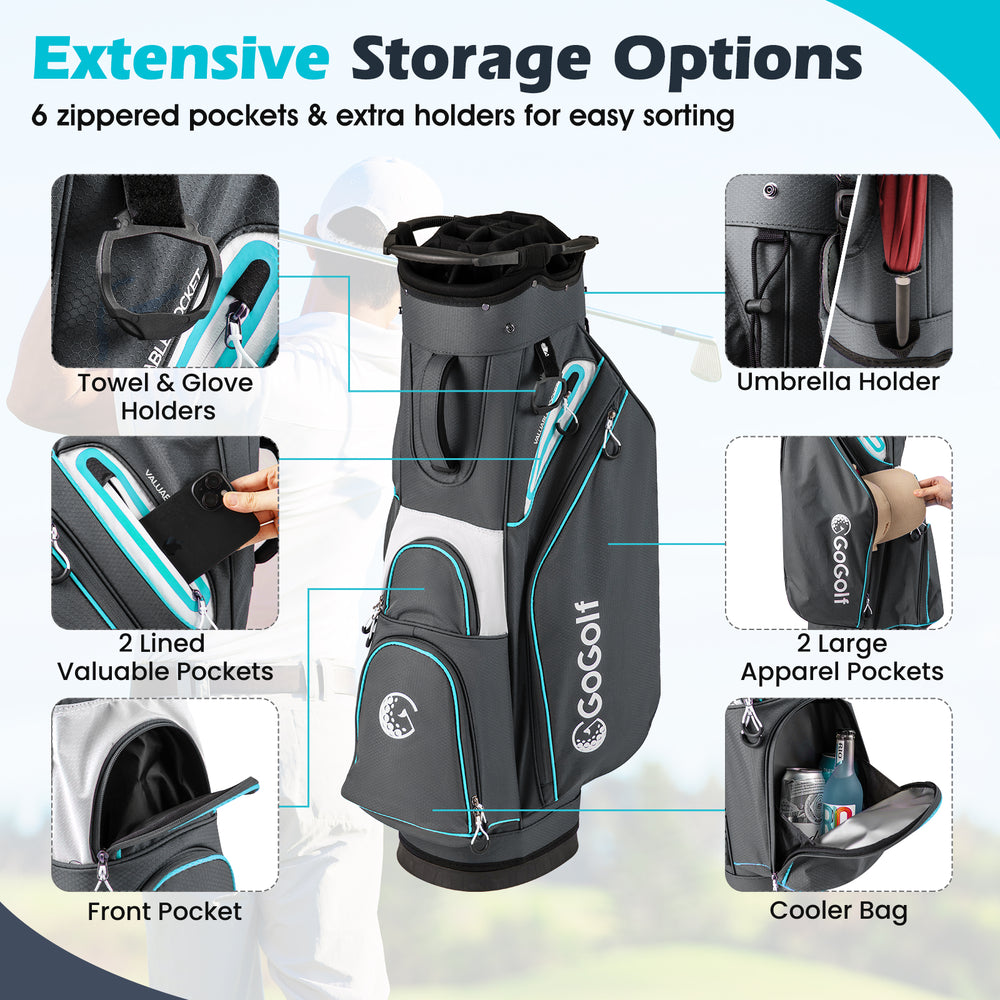 Golf cart bag in gray with 14-way top dividers, 6 zippered pockets, and adjustable shoulder strap for easy carrying.