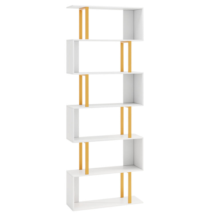 S-shaped geometric bookcase with six open shelves and gold accents, perfect for modern living room storage.