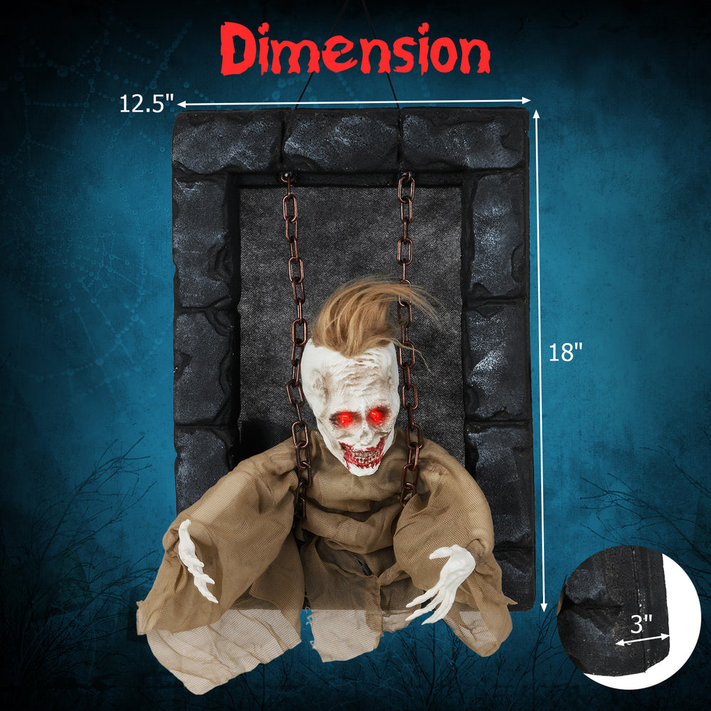 Hanging animated zombie prisoner decoration with glowing red eyes, sound activation, and detailed features for.
