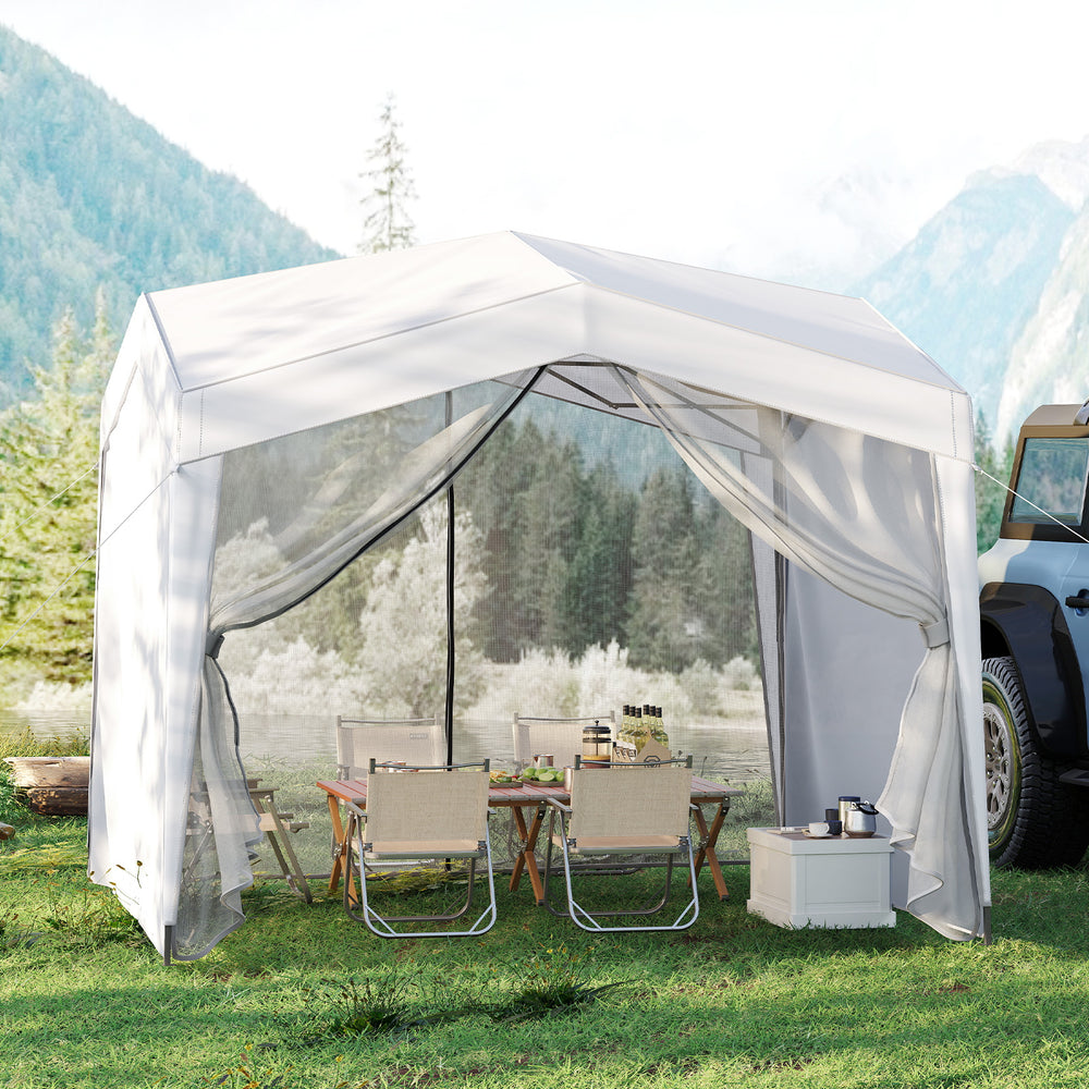 Pop up canopy tent with 4 sidewalls and mesh netting, ideal for outdoor events and picnics, featuring UPF50+ protection.