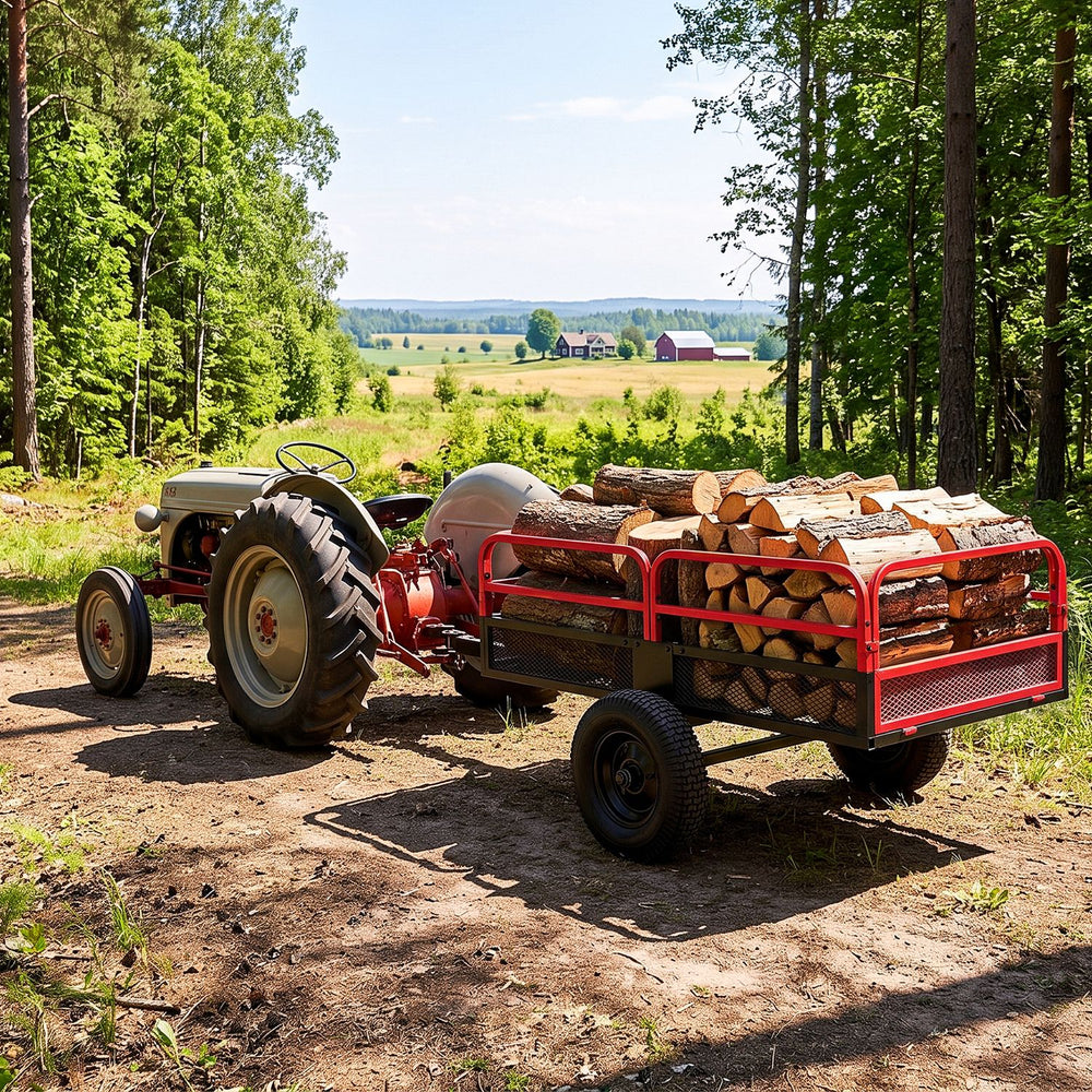Heavy-duty red metal dump cart trailer with 1540 lbs capacity, loaded with logs, ideal for outdoor hauling tasks.