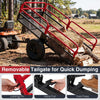 Heavy-duty red metal dump cart trailer with 1540 lbs capacity, removable tailgate, and 17.6 cu.ft cargo space for outdoor hauling.