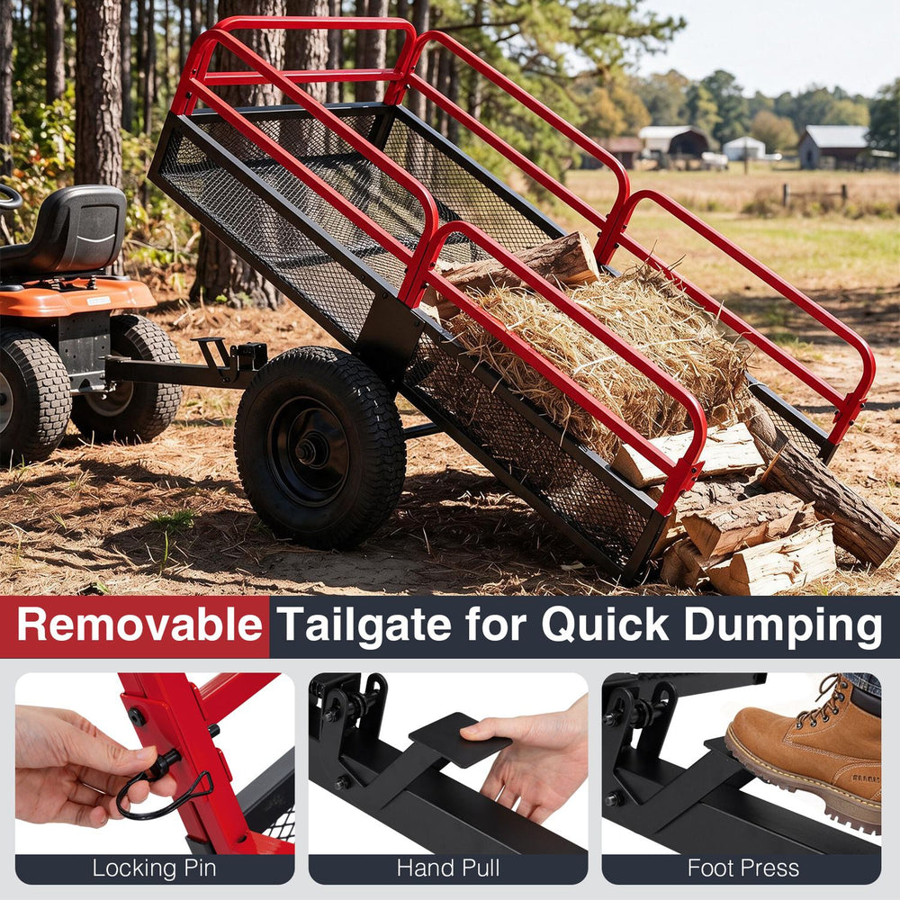 Heavy-duty red metal dump cart trailer with 1540 lbs capacity, removable tailgate, and 17.6 cu.ft cargo space for outdoor hauling.