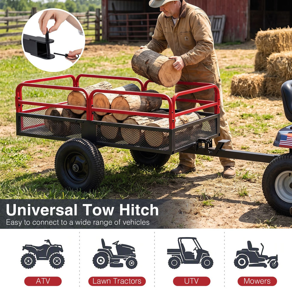 Heavy-duty metal dump cart trailer with red accents, 1540 lbs capacity, ideal for outdoor hauling and gardening tasks.