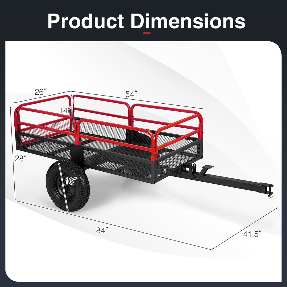 Heavy-duty metal dump cart trailer with 1540 lbs capacity, featuring removable tailgate and 16-inch pneumatic tires.