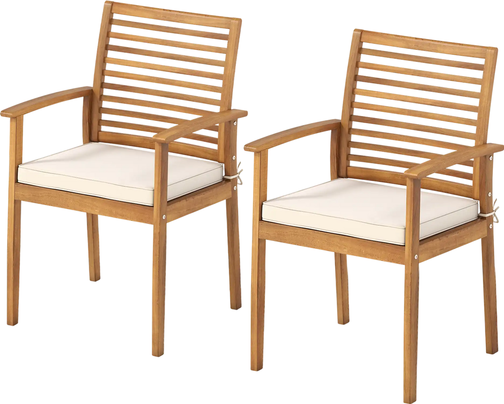 Set of 2 outdoor patio dining chairs with acacia wood frame and removable beige cushions for comfortable seating.