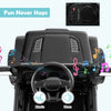 Top view of the 12V kids ride-on truck with steering wheel, music controls, and safety features for fun driving.