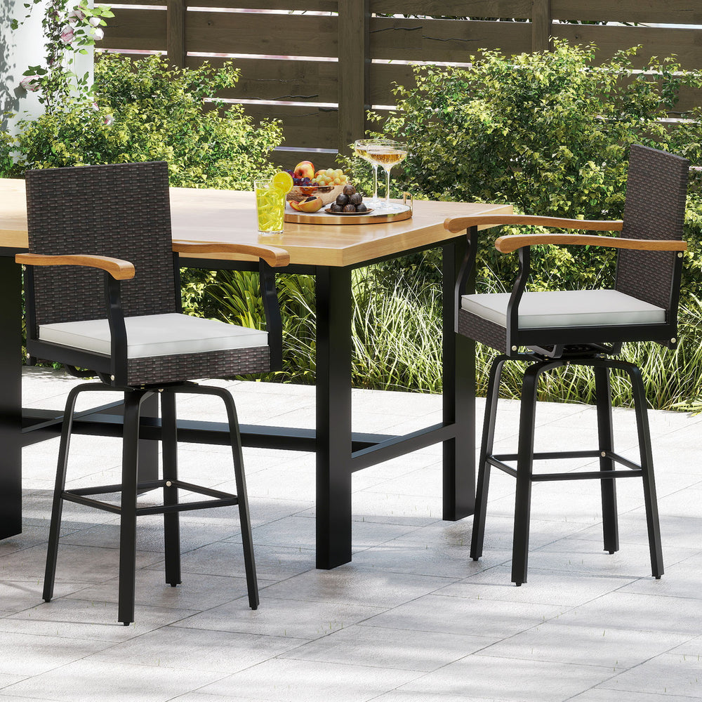 Set of 4 Outdoor 360° Swivel Bar Stool with Cushion and Acacia Wood Armrests - Gallery View 1 of 10
