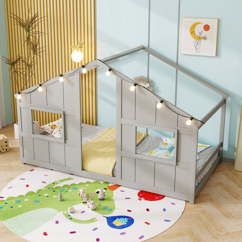 Twin Size House Bed with LED Lights Montessori Slat-free Floor Bed-Grey - Gallery View 1 of 10