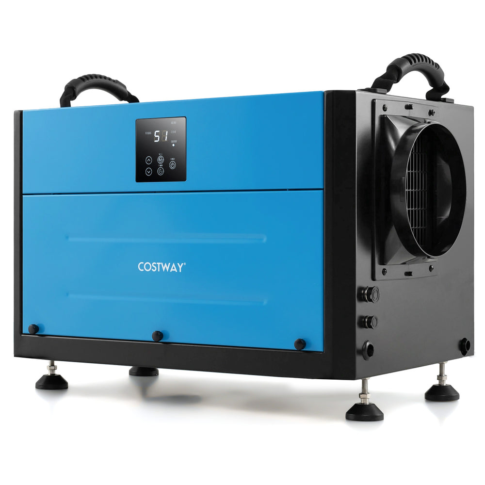 155 Pint Crawl Space Dehumidifier in blue with control panel, ideal for basements and garages, featuring 3 modes.