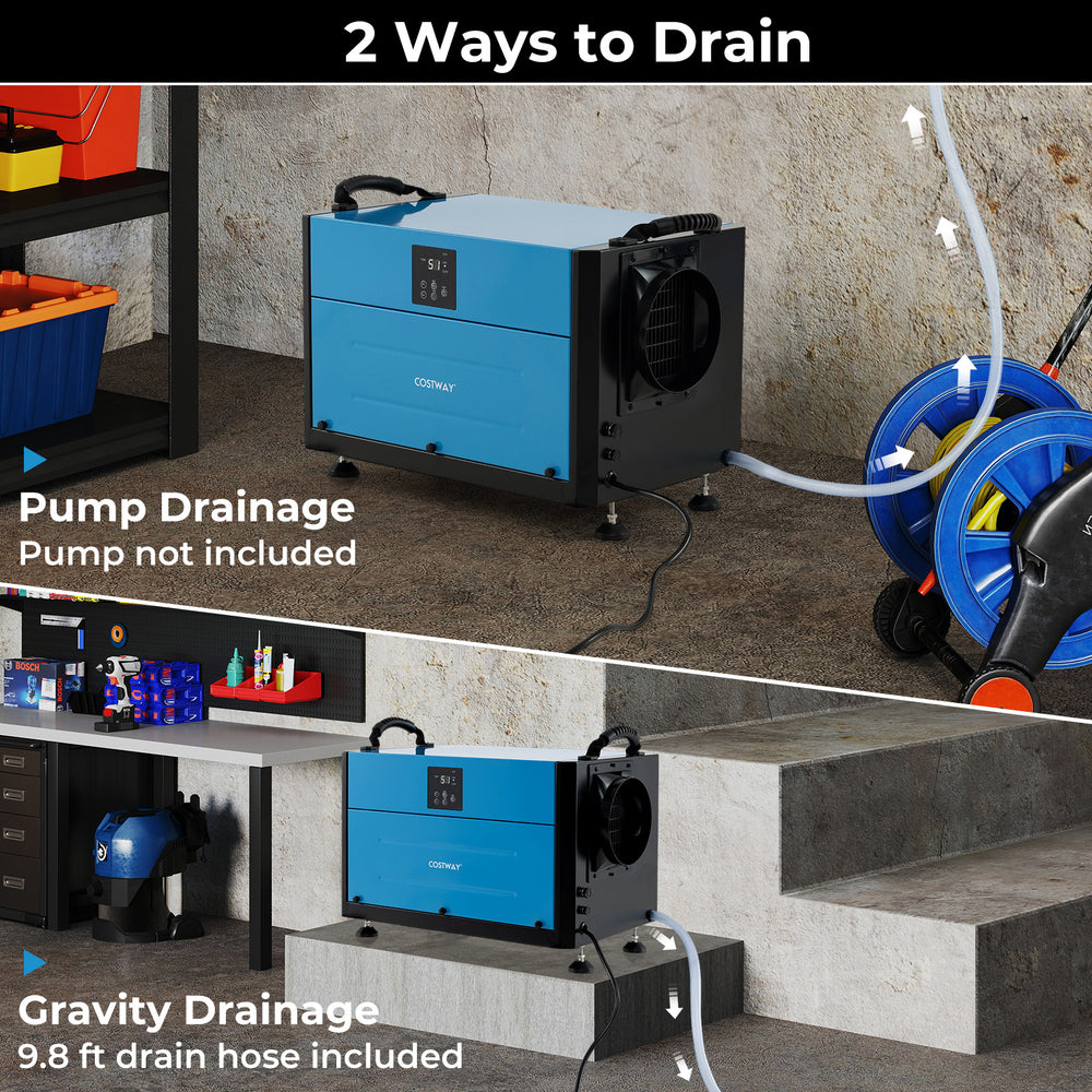 Crawl space dehumidifier with gravity and pump drainage options, ideal for basements and garages, featuring adjustable.