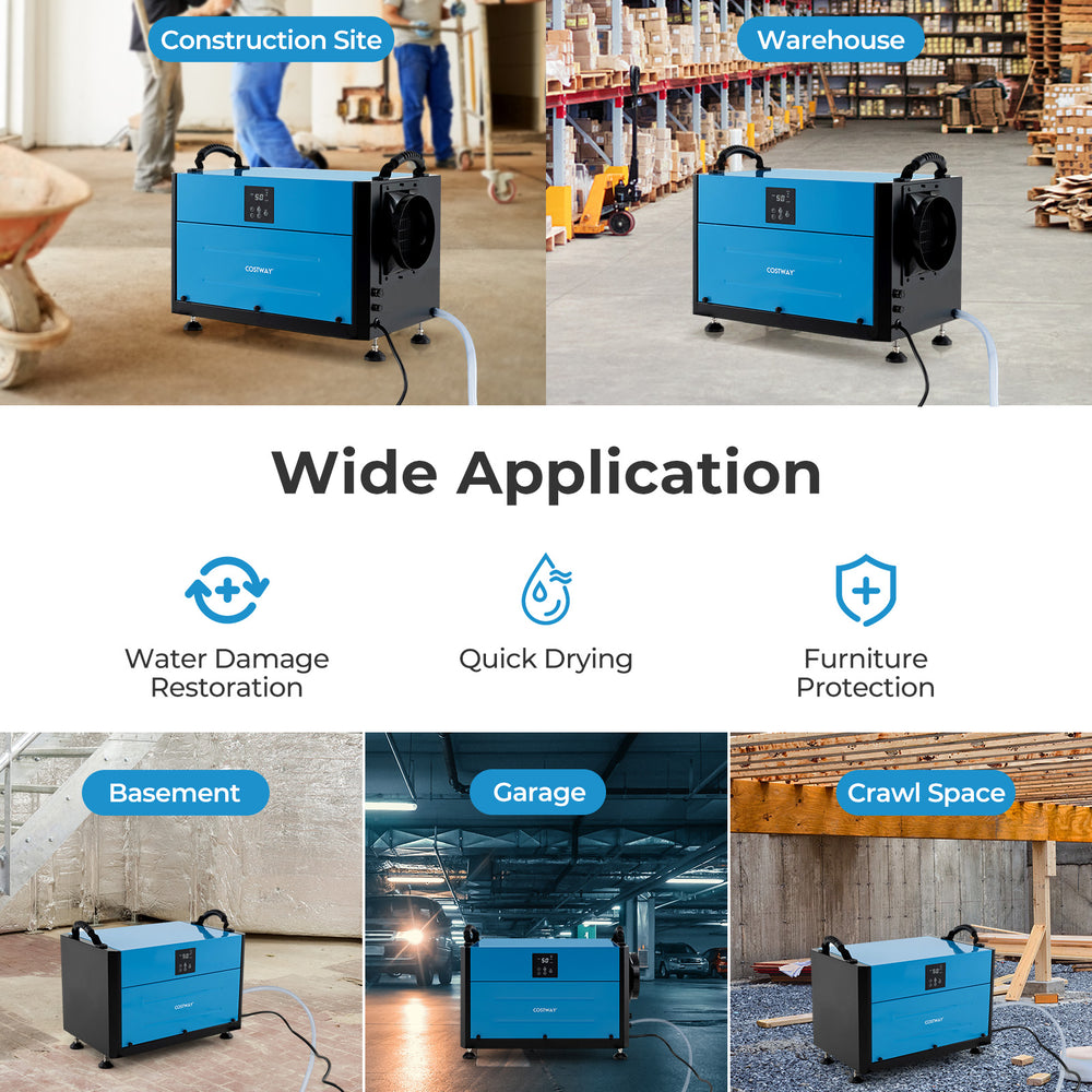 155 pint dehumidifier in blue with adjustable feet, ideal for crawl spaces and basements, showcasing wide application.