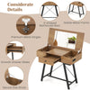 Vanity desk in rustic brown with flip top mirror, large storage, and stable metal frame for bedroom or office use.