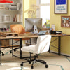 L-shaped desk with monitor shelf and adjustable Ergo Comfort chairs in a stylish office setup for efficient workspace.