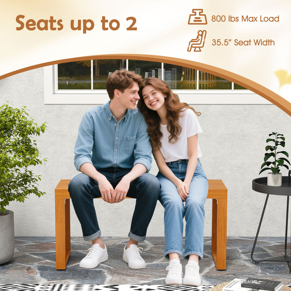 Acacia wood loveseat bench seats up to 2, featuring a slatted design and 800 lbs max load for outdoor use.