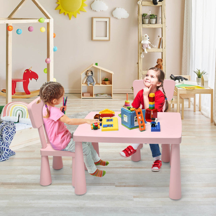 Kids activity play table and chair set in pink, perfect for reading and drawing, enhancing independence in playrooms.