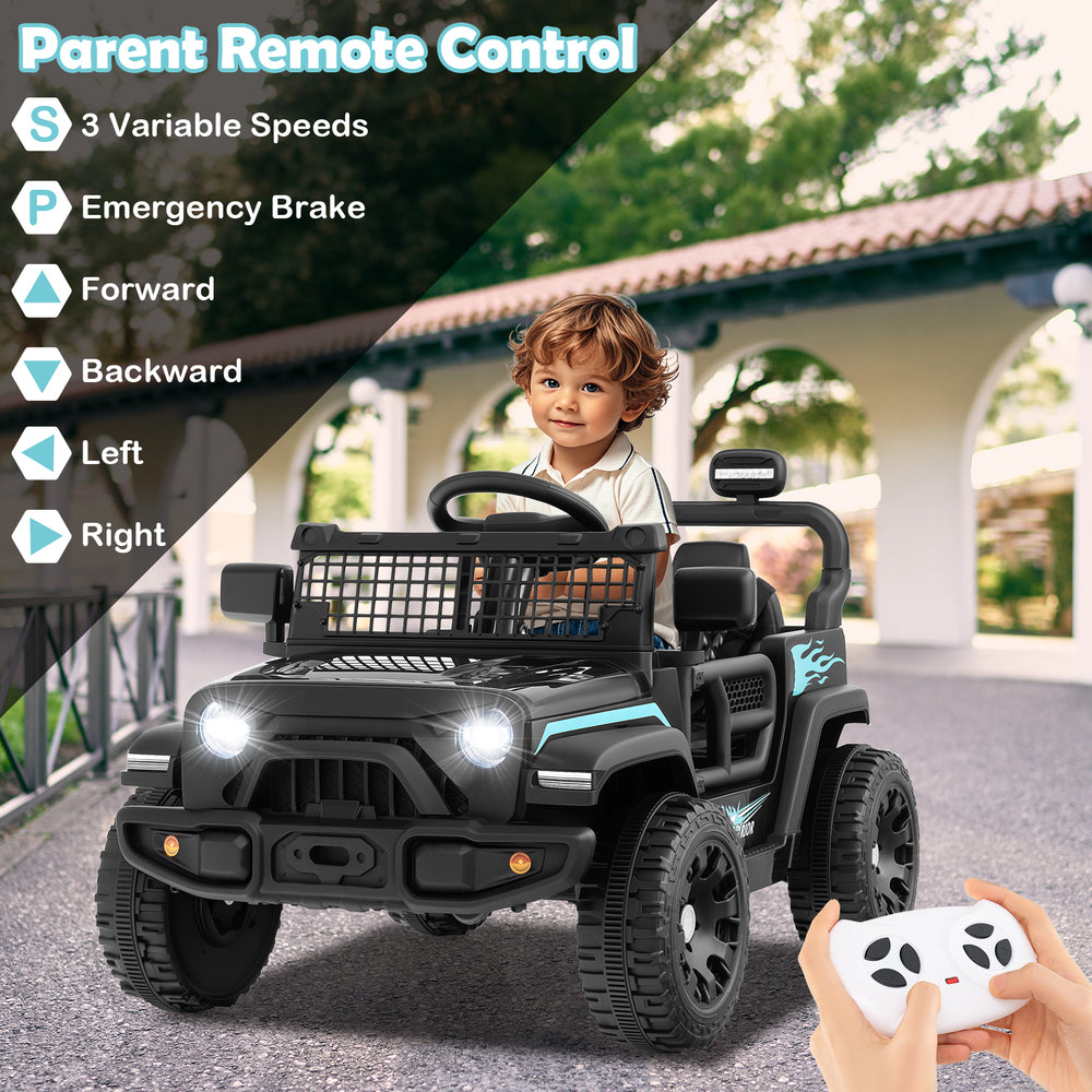 Black 12V kids ride-on truck with parent remote control, featuring LED headlights and a spring suspension system for.