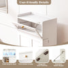 Freestanding white kitchen pantry cabinet with clear acrylic door, golden knobs, and user-friendly magnetic catches.