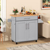Rolling kitchen island cart in gray with spacious countertop, adjustable shelves, and towel/spice racks for organized.
