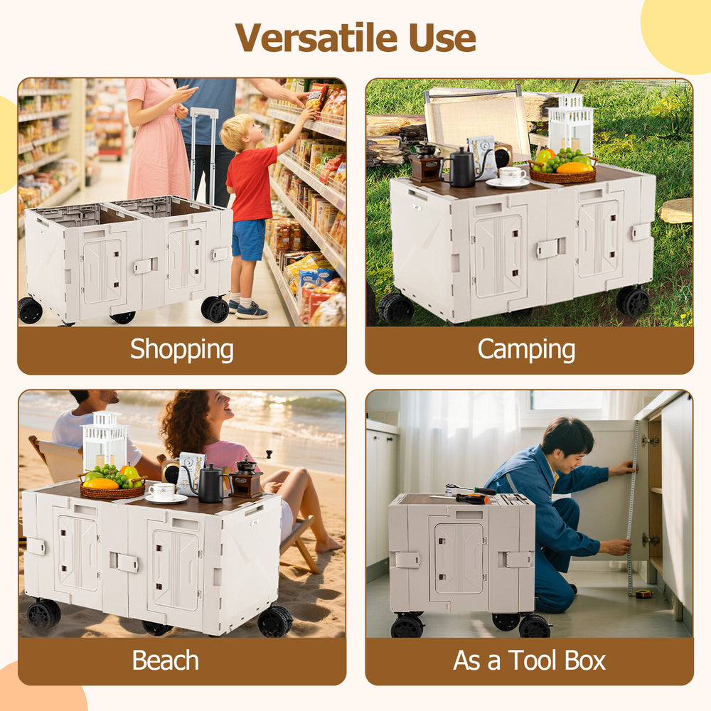 Large foldable utility cart in white with 2-tier storage crates, ideal for shopping, camping, or as a tool box.