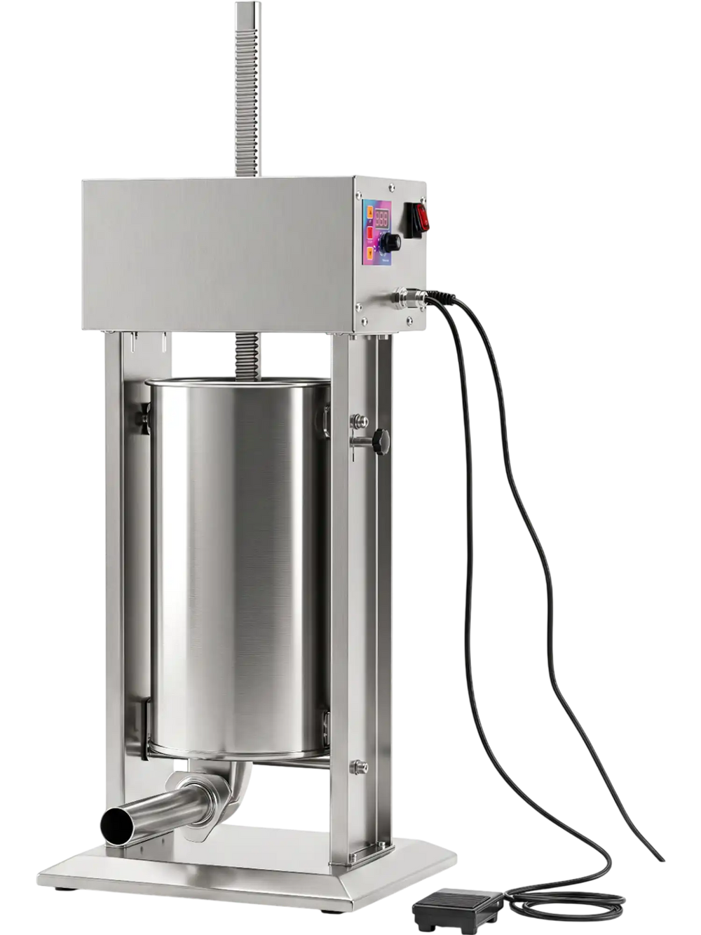 Electric sausage stuffer with 15L capacity, stainless steel construction, and four stuffing tubes for versatile sausage making.