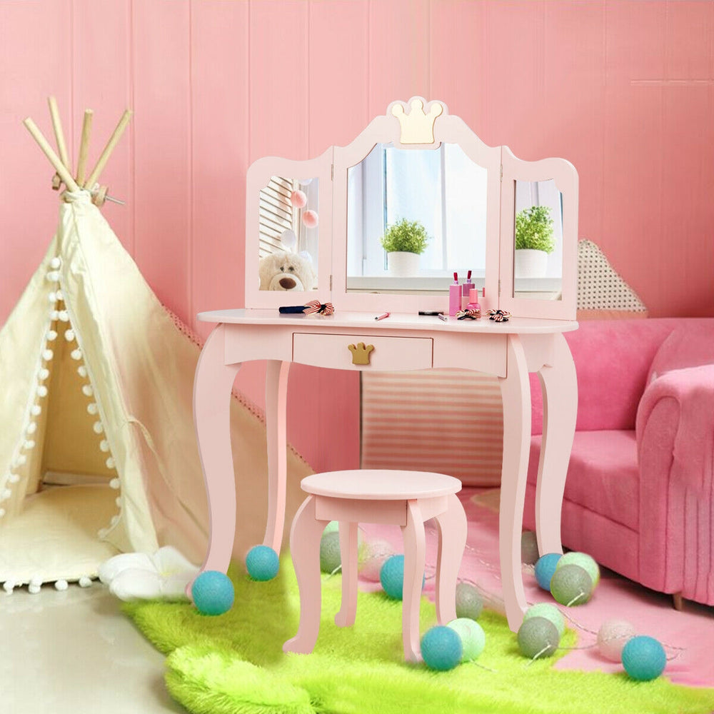 Kids Makeup Dressing Table with Tri-folding Mirror and Stool-Pink - Gallery View 1 of 12