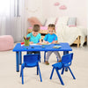Blue kids' plastic rectangular learn and play table with two chairs, ideal for preschools and home use.