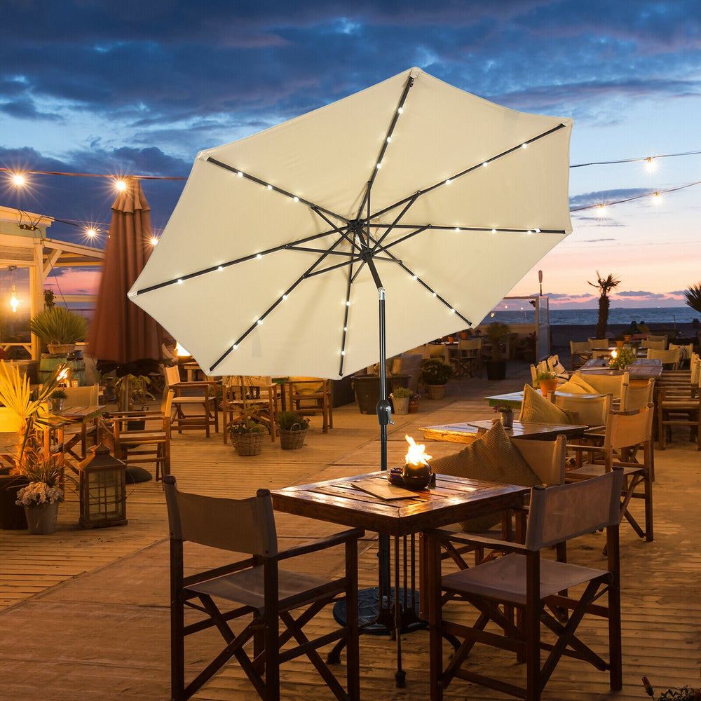 10' Solar LED Lighted Patio Market Umbrella Shade Tilt Adjustment Crank-Beige - Gallery View 1 of 12
