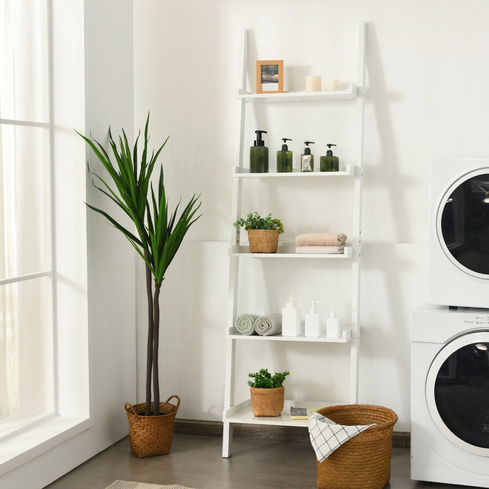 5-tier white wall-leaning ladder shelf with plants and decor, ideal for storage and display in any room.