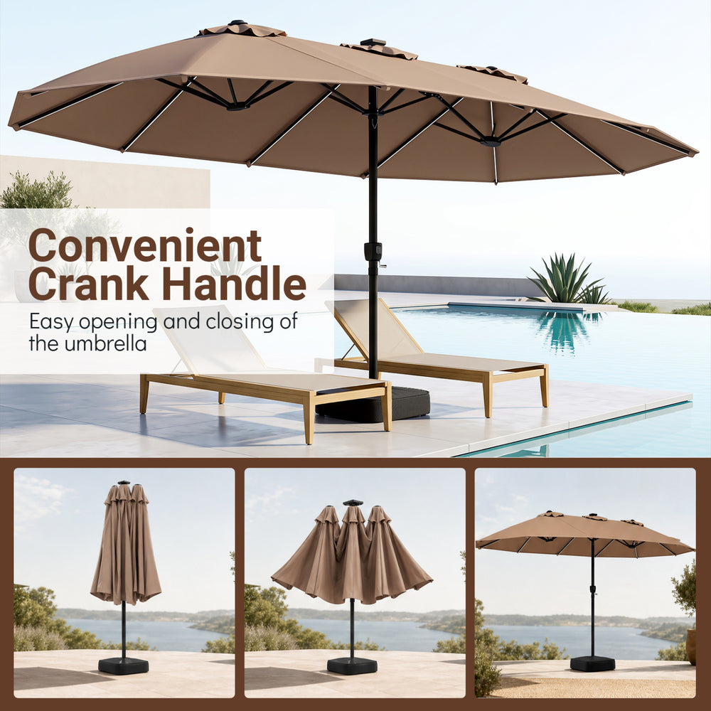15.5FT extra-large brown patio umbrella with a convenient crank handle, ideal for providing shade by poolsides or gardens.